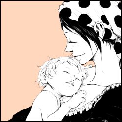 Rule 34 | 1boy, 1girl, ^ ^, baby, carrying baby, carrying person, close-up, closed eyes, commentary request, erina (canaliheath), greyscale with colored background, headscarf, makino (one piece), mother and son, one piece, orange background, profile, short hair, sidelocks, simple background, sleeping, smile