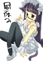 Rule 34 | 1girl, animal ears, black pantyhose, cat ears, cat girl, cat tail, closed mouth, dress, frilled dress, frilled hairband, frilled wrist cuffs, frills, glasses, hairband, highres, light smile, long hair, looking at viewer, original, pantyhose, platform heels, purple eyes, purple hair, semi-rimless eyewear, shoes, simple background, sitting, sleeveless, sleeveless dress, solo, tail, veloexotica, white background, white dress, white hairband, white shoes, white wrist cuffs, wrist cuffs