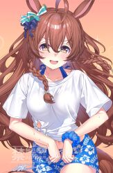 1girl ahoge animal_ears braid breasts brown_eyes brown_hair collarbone commentary_request gaze_on_me!_outfit_(umamusume) hair_between_eyes hair_ornament highres horse_girl long_hair looking_at_viewer medium_breasts mejiro_bright_(umamusume) misomi_miso navel open_mouth shorts side_braid sweat umamusume watermark