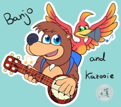 banjo-kazooie banjo_(banjo-kazooie) beak bear bird blue_background blue_eyes brown_fur claws english_text feathered_wings green_eyes happy highres instrument itsanyastasia kazooie_(banjo-kazooie) looking_at_viewer music playing_instrument signature snout wings