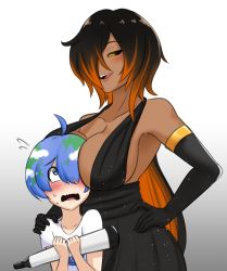 1boy 1girl age_difference black_hair blackhole-chan blue_eyes blue_hair blush breast_smother breasts cslucaris dark_skin dress earth-chan face_to_breasts genderswap genderswap_(ftm) large_breasts licking_lips long_hair m87_black_hole mature_female multiple_girls nasa open_mouth orange_eyes short_hair shota size_difference telescope tongue tongue_out
