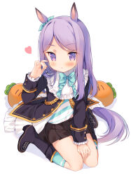 1girl animal_ears black_skirt blue_bow blue_bowtie blue_ribbon blue_shirt blue_socks blush boots bow bowtie commentary ear_ribbon english_commentary full_body hand_up heart highres horse_ears horse_girl horse_tail jacket kneehighs long_hair long_sleeves mejiro_mcqueen_(umamusume) open_clothes open_jacket open_mouth parted_bangs pleated_skirt purple_boots purple_eyes purple_hair purple_jacket ribbon senmen_kinuko shirt sitting skirt socks solo striped_clothes striped_shirt tail two-tone_shirt umamusume white_background white_shirt