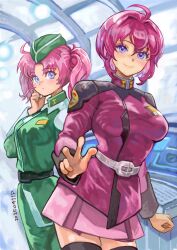 2girls absurdres ahoge belt closed_mouth commentary dated english_commentary green_hat gundam gundam_seed gundam_seed_destiny hat highres long_sleeves looking_at_viewer lunamaria_hawke medium_hair meyrin_hawke military_uniform multiple_girls okrdisk2000 purple_eyes red_hair short_twintails siblings sisters smile twintails two_side_up w zaft_uniform