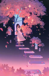 1girl artist_name barefoot black_hair cherry_blossoms dress falling_petals flower highres holding huhv. long_hair night original outdoors petals sky sleeveless sleeveless_dress solo sparkle stairs standing star_(sky) tree white_dress wide_shot