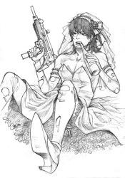 1boy bare_shoulders bottle bridal_veil crossdressing darker_than_black drawfag dress facial_hair frilled_dress frills gloves greyscale gun hei_(darker_than_black) long_hair machine_pistol male_focus monochrome mouth_pull solo stubble submachine_gun thighhighs torn_clothes torn_gloves torn_thighhighs trigger_discipline uzi veil weapon wedding_dress