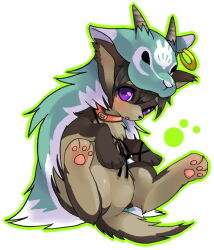 Rule 34 | :o, animal collar, animal ear piercing, black ribbon, brown fur, choko (sweetpocket), collar, commentary request, creature, creature focus, dog, earrings, facial mark, fake horns, forehead mark, full body, green fur, green outline, hoop earrings, horns, jewelry, light blush, looking to the side, lupe (neopets), neopet (creature), neopets, outline, parted lips, pawpads, pelt, purple eyes, ribbon, single earring, sitting, solo, white background