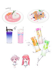 2girls absurdres apron arrow_(symbol) bottle chibi dress drink drinking_straw flower food food_focus glass hair_flower hair_ornament heart heart-shaped_food highres ice_cream low_twintails maid maid_apron maid_headdress multiple_girls ohisashiburi original pink_hair plate puffy_short_sleeves puffy_sleeves red_hair rice short_dress short_sleeves smile translation_request twintails waffle water white_flower