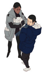 2boys arm_up black_gloves black_hair black_pants black_shoes blue_coat blue_gloves closed_mouth coat dark-skinned_male dark_skin full_body galeblack gloves golden_kamuy grey_coat hand_on_own_chin highres holding hood hood_basket hood_down hooded_coat koito_otonoshin long_sleeves looking_back male_focus multiple_boys pants parted_hair rubber_duck shoes short_hair sideburns simple_background standing tsukishima_hajime white_background white_shoes