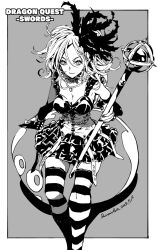 1girl breasts cleavage closed_mouth collar collarbone corset dated dragon_quest dragon_quest_swords elbow_gloves feather_hair_ornament feathers feet_out_of_frame gloves greyscale hair_ornament highres himiko_(326ontheweb) jewelry long_hair looking_at_viewer monochrome necklace setia single_elbow_glove skirt smile solo striped_clothes striped_thighhighs thighhighs