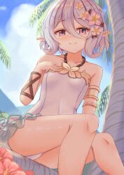 1girl bad_id bad_pixiv_id bare_shoulders breasts casual_one-piece_swimsuit elf flower grey_hair hair_between_eyes hair_flower hair_ornament highres i_tamima kokkoro_(princess_connect!) kokkoro_(summer)_(princess_connect!) looking_at_viewer one-piece_swimsuit outdoors pink_eyes pointy_ears princess_connect! sitting small_breasts smile solo swimsuit white_one-piece_swimsuit