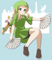 1girl absurdres backpack bag bag_charm blonde_hair bow braid brown_shoes charm_(object) dress dual_wielding eabo19tw folding_fan full_body green_bow green_dress green_eyes green_hat hair_bow hand_fan hat highres holding inose_mai koisuru_asteroid rocket satellite_dish shoes short_sleeves sidelocks smile solo twin_braids twintails