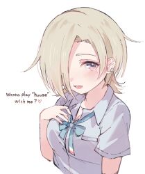 Rule 34 | 1girl, blonde hair, blue ribbon, blue shirt, blush, breasts, collared shirt, ear piercing, english text, hair over one eye, highres, looking at viewer, love live!, love live! nijigasaki high school idol club, medium breasts, mia taylor, neck ribbon, nijigasaki school uniform, notyu maru, one eye covered, open mouth, piercing, purple eyes, ribbon, school uniform, shirt, short hair, short sleeves, solo, upper body, white background