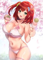 1girl :d absurdres bikini bra breasts cherry_blossoms cleavage collarbone dango dolphin_hair_ornament dolphin_wave flower food green_eyes hair_flower hair_ornament hair_scrunchie hanami highres large_breasts looking_at_viewer medium_hair mochi navel open_mouth panties pinesphere red_hair sakimiya_iruka scrunchie smile standing stomach swimsuit underwear underwear_only wagashi white_bra white_panties