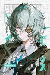 1boy anaxa_(honkai:_star_rail) black_gloves brown_jacket character_name closed_mouth collared_shirt commentary eyepatch gloves green_hair grid_background highres holding_bun honkai:_star_rail honkai_(series) jacket long_hair looking_at_viewer male_focus nong_345 open_clothes open_jacket portrait red_eyes shirt solo symbol-only_commentary white_background white_shirt