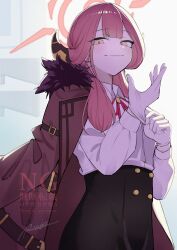 1girl absurdres aru_(blue_archive) black_skirt blue_archive closed_mouth gloves halo hand_up highres light_blush long_hair looking_at_viewer masami_atabe pink_halo shirt shirt_tucked_in skirt smile solo watermark white_gloves white_shirt yellow_eyes