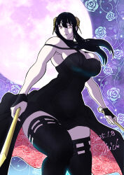 1girl absurdres bare_shoulders black_dress black_hair breasts cropped_legs dagger dress earrings gold_earrings gold_hairband hairband highres holding holding_dagger holding_knife holding_weapon jewelry knife large_breasts long_hair looking_at_viewer mich_kj red_eyes sidelocks solo spy_x_family stiletto_(weapon) thick_thighs thighs two-sided_dress two-sided_fabric weapon yor_briar