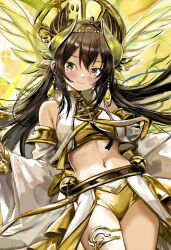 1girl armpit_crease bell black_hair blush breasts closed_mouth detached_sleeves duel_monster earrings feather_hair_ornament feathers gold_thighlet hair_ornament highres japanese_clothes jewelry long_hair long_sleeves mandarin_orange_slice medium_breasts midriff multicolored_eyes navel ohime_the_manifested_mikanko panties smile solo staryume thighs twintails two-tone_eyes underwear yu-gi-oh!