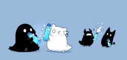 2others blue_background bottle cat ghost highres holding holding_bottle horns hoshikui multiple_others no_humans one_eye_closed original ramune shoutarou_(shoutarotttt) simple_background sparkle virtual_youtuber water_bottle