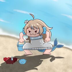 1girl :3 absurdres ahoge beach blonde_hair bucket crab dress fins fish_girl fish_tail head_fins highres indie_virtual_youtuber ocean outdoors sameko_saba sand sasuri_(vtuber)_(artist) seashell shell squatting sweatdrop tail white_dress