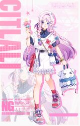1girl alternate_costume bag blue_bow blue_eyes bow braid citlali_(genshin_impact) closed_mouth facial_mark full_body genshin_impact hair_bow highres holding holding_bag holding_ice_cream_cone ice_cream_cone long_hair looking_at_object pink_hair pink_pupils red_socks sandals shiba_(tonari_no_shiba_inu) shirt short_sleeves skirt smile socks tongue tongue_out triangle triangle_facial_mark twin_braids white_shirt white_skirt zoom_layer