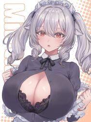 Rule 34 | 1girl, :o, animal ears, apron, black bow, black bowtie, black bra, black dress, black ribbon, black shirt, blush, borrowed character, bow, bowtie, bra, bra peek, breasts, brown eyes, character name, cleavage, collared dress, collared shirt, cow ears, cow girl, cow horns, dress, drill hair, drill sidelocks, frilled apron, frills, grey hair, hair between eyes, halftone, halftone background, hat, highres, horns, huge breasts, kxbxsxn, lace, lace-trimmed bra, lace bra, lace trim, large breasts, long hair, long sleeves, looking at viewer, maid, maid apron, maid headdress, medium hair, milltina (vrchat), mob cap, neck ribbon, open clothes, open mouth, open shirt, orange eyes, partially unbuttoned, ribbon, sheep ears, shirt, sidelocks, solo, twin drills, twintails, unbuttoned, unbuttoned shirt, underwear, undressing, upper body, vrchat, white apron