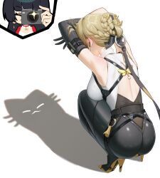 Rule 34 | 2girls, absurdres, ass, astra yao, asymmetrical gloves, bare shoulders, black bow, black gloves, black pants, black ribbon, black shoes, blonde hair, blush, bow, braid, braided bun, breasts, butterfly hair ornament, cat shadow puppet (meme), commentary, ear blush, elbow gloves, evelyn chevalier, gloves, grin, hair bow, hair bun, hair ornament, high-waist pants, high heels, highres, kkuni, large breasts, latex pants, long ribbon, meme, multiple girls, pants, ribbon, ring hair ornament, shirt, shoes, short hair, shoulder blush, single elbow glove, smile, squatting, sweatdrop, symbol-only commentary, taking picture, uneven gloves, white shirt, zenless zone zero