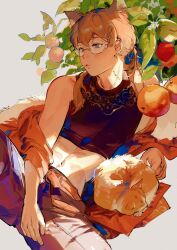 Rule 34 | 1boy, amo (amo 0514), animal ears, arm support, armpit crease, bare shoulders, belt, between legs, black shirt, brown eyes, brown hair, cat, cat boy, cat ears, chinese commentary, closed mouth, clothes down, commentary request, cowboy shot, crop top, cropped shirt, double-parted bangs, earrings, extra ears, eyewear strap, food, fruit, fruit request, glasses, grey pants, hair between eyes, hair ornament, hair over shoulder, hairclip, hand between legs, head tilt, highres, hoop earrings, jacket, jewelry, knee up, linea alba, long hair, looking ahead, low ponytail, male focus, midriff, mouth hold, navel, open clothes, open jacket, orange belt, orange jacket, original, pants, parallel hairclips, plant, ponytail, print shirt, pursed lips, reclining, ring, shirt, simple background, sleeveless, sleeveless shirt, solo, turning head, white background