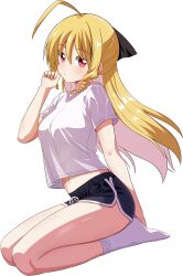 1girl absurdres ahoge blonde_hair blush bow breasts drill_hair gym_shorts hair_bow hayate_no_gotoku! highres large_breasts legs light_blush long_hair navel red_eyes shirt short_shirt shorts simple_background socks solo tennousu_athena thighs white_background