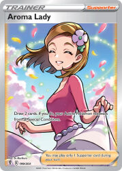1girl aroma_lady_(pokemon) artist_name blue_sky blush brown_hair card_(medium) character_name closed_eyes cloud company_name copyright_name copyright_notice day english_text eyelashes flower hair_flower hair_ornament lips medium_hair morikura_en nintendo official_art pink_petals pink_shirt pokemon pokemon_card pokemon_oras pokemon_tcg purple_flower shirt skirt skirt_tug sky smile solo sparkle third-party_source trading_card white_skirt yellow_petals