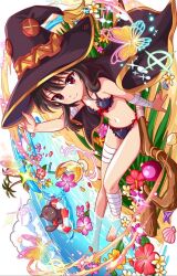 1girl angled_view bandaged_arm bandaged_leg bandaged_thigh bandages beach beach_towel bikini black_bikini blue_sky bug butterfly cape cloud cup drink drinking_glass drinking_straw feet_in_water flower food frilled_bikini frills fruit hair_between_eyes hat insect juice kono_subarashii_sekai_ni_shukufuku_wo! lemon lemon_slice looking_at_viewer lying megumin ocean on_side oversized_hat red_eyes sand shore short_hair sidelocks sky staff swimsuit towel waves witch_hat wizard_hat