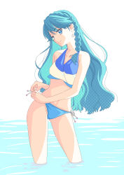 1girl adjusting_clothes adjusting_swimsuit bikini blue_bikini blue_eyes blue_hair blush braid day earrings go!_princess_precure highres jewelry jj_(ssspulse) kaidou_minami long_hair looking_at_viewer precure shell shell_earrings smile solo swimsuit water