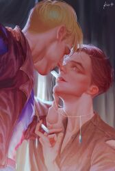 Rule 34 | 2boys, absurdres, artist name, blonde hair, blue bodysuit, blue eyes, bodysuit, brown hair, brown jacket, brown shirt, bucky barnes, buttons, captain america, captain america: the first avenger, captain america (series), collarbone, commentary, commission, english commentary, fingernails, hand up, highres, jacket, jewelry, lapels, lips, long sleeves, looking at another, looking down, male focus, mare hane, marvel, marvel cinematic universe, multiple boys, necklace, open clothes, open jacket, shirt, short hair, smile, star (symbol), star print, steve rogers, superhero costume, torn clothes, torn shirt, upper body, vertical-striped bodysuit, yaoi