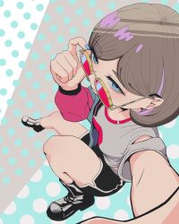 1girl absurdres alternate_costume and_fersent bespectacled black_boots black_shorts blue_background blue_eyes blue_nails bob_cut boots breasts commentary_request from_above glasses grey_background grey_hair grey_shirt highres knee_up looking_at_viewer love_live! love_live!_superstar!! medium_breasts parted_bangs pink_sleeves polka_dot polka_dot_background reaching reaching_towards_viewer red-tinted_eyewear selfie shirt short_hair short_sleeves shorts solo tang_keke tinted_eyewear yellow-framed_eyewear