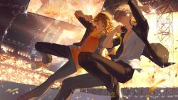 Rule 34 | 2boys, belt, black jacket, black pants, black shoes, brown belt, closed mouth, grey hair, hanamura yousuke, headphones, headphones around neck, highres, jacket, looking at viewer, male focus, multiple boys, narukami yu, open mouth, orange eyes, orange hair, orange shoes, pants, persona, persona 4, shirt, shoes, short hair, smile, teeth, v, white shirt, yellow eyes, yun (dl2n5c7kbh8ihcx)