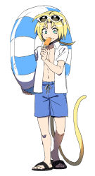 1boy alternate_costume arm_up blonde_hair blue_eyes blue_male_swimwear collarbone collared_shirt commentary_request contrapposto curtained_hair dede_(qwea_00000) drawstring eyewear_on_head final_fantasy final_fantasy_ix food food_in_mouth full_body holding holding_food holding_popsicle holding_swim_ring innertube korean_commentary male_focus male_swimwear monkey_tail navel open_clothes open_shirt ponytail popsicle popsicle_in_mouth sandals shirt short_sleeves simple_background solo standing summer sunglasses swim_ring swim_trunks tail white_background white_shirt wing_collar zidane_tribal