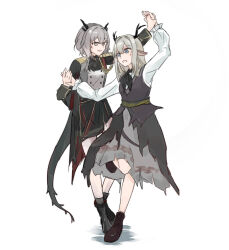 2girls absurdres aiguillette alina_(arknights) animal_ears antlers arknights ascot black_ascot black_footwear black_horns black_jacket black_skirt black_tail blue_eyes brown_footwear chinese_commentary clumsy commentary_request dancing deer_ears deer_girl dragon_girl dragon_tail epaulettes erwuyishi35850 full_body grey_eyes grey_hair highres holding_hands horns jacket leg_up long_hair long_sleeves looking_at_another military_jacket multiple_girls official_alternate_costume open_mouth shoes short_hair simple_background skirt smile split_mouth standing standing_on_one_leg sweatdrop tail talulah_(arknights) talulah_the_fighter_(arknights) torn_clothes white_background