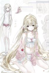 1girl android arms_behind_back barefoot blonde_hair bloomers bow brown_eyes buruma camisole chii chobits commentary_request feet frilled_camisole frills full_body gym_uniform hair_tubes highres long_hair looking_at_viewer multiple_views parted_lips persocom_(chobits) pink_bow red_buruma robot_ears shirt short_sleeves sitting standing stuffed_animal stuffed_toy thighs toqha3247 underwear very_long_hair wariza white_background white_bloomers white_camisole white_shirt window_(computing)