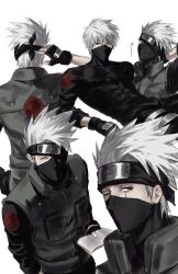 1boy arm_behind_head arm_rest back book closed_eyes fingerless_gloves forehead_protector gloves green_jacket hatake_kakashi highres holding holding_book jacket konohagakure_shinobi_uniform konohagakure_symbol looking_at_viewer male_focus mask mouth_mask naruto naruto_(series) ninja ninja_mask one_eye_closed scar scar_across_eye scar_on_face sharingan short_hair simple_background skin_tight solo spiked_hair sso_s toned toned_male white_background white_hair