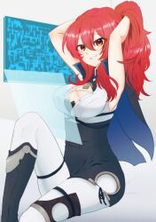 Rule 34 | 1girl, :d, adjusting hair, armpits, black shorts, boots, breasts, cleavage, cleavage cutout, clothing cutout, grey background, grin, highres, holographic interface, honkai (series), honkai impact 3rd, invisible chair, large breasts, long hair, looking at viewer, murata himeko, murata himeko (arctic kriegsmesser), open mouth, pantyhose, ponytail, red hair, satoyukitowa, shorts, sitting, smile, solo, teeth, white pantyhose, yellow eyes