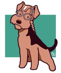 Rule 34 | animal focus, animalization, commentary request, dog, full body, glasses, green background, ikuno dictus (umamusume), looking at viewer, no humans, onikobe rin, simple background, two-tone background, umamusume, white background