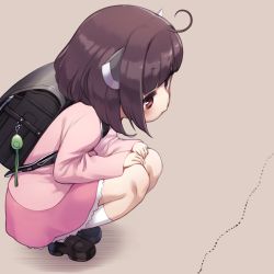 1girl ahoge ant backpack bag black_shoes brown_hair bug female_focus insect long_sleeves miniskirt mochi_(mochi444420) pink_eyes pink_skirt randoseru shoes short_hair skirt sleeves_past_wrists socks solo squatting touhoku_kiritan voiceroid white_socks