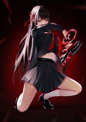 1girl absurdres arm_cutout black_hair black_shirt black_shoes black_skirt breasts bright_pupils chen_kang chisa_(wuthering_waves) chromatic_aberration commentary full_body hair_ribbon hashtag-only_commentary highres holding holding_sword holding_weapon large_breasts long_hair long_sleeves looking_at_viewer midriff navel neckerchief red_eyes red_neckerchief red_ribbon ribbon shirt shoes skirt socks solo sword tacet_mark_(wuthering_waves) v-shaped_eyebrows very_long_hair weapon white_pupils white_socks wuthering_waves