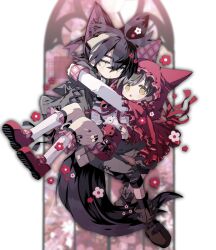 alternate_costume animal_ear_fluff animal_ears animal_hood black_hair black_nails black_socks boots brown_boots brown_hair carrying crossdressing crossed_bangs florian_(pokemon) flower hair_between_eyes hairband hood kieran_(pokemon) long_sleeves looking_at_viewer nintendo open_mouth parted_lips pokemon pokemon_sv pon1o_pnpn purple_hair red_flower red_shoes shoes socks tail trap white_flower white_socks yaoi yellow_eyes yellow_hairband