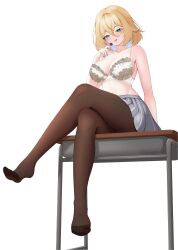 1girl blonde_hair blue_eyes blue_hair bra breasts candy cleavage collarbone colored_inner_hair crossed_legs desk food grey_skirt hair_between_eyes highres holding holding_candy holding_food holding_lollipop kaneko_lumi lollipop multicolored_hair navel on_desk pantyhose phase_connect saliva saliva_trail sitting skirt solo toes tongue tongue_out twitter_username underwear virtual_youtuber white_background white_bra wriskelis