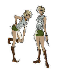 1girl blonde_hair freckles heather_mason highres jacket jowagoni knife looking_at_viewer miniskirt pencil_skirt short_hair silent_hill_(series) silent_hill_3 skirt sleeveless sleeveless_turtleneck smile solo turtleneck vest weapon wristband