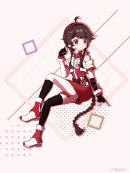 asymmetrical_legwear bare_shoulders belt black_gloves black_hair black_socks black_thighhighs boots braid brown_belt brown_hair closed_mouth dress fingerless_gloves from_side full_body gloves headphones headset highres long_hair mole multicolored_boots open_clothes open_vest pointzhu red_boots red_dress red_eyes red_headset simple_background single_braid sitting socks solo thighhighs very_long_hair vest vocaloid vsinger_(vocaloid) watermark weibo_username weibo_watermark white_vest yuezheng_ling yuezheng_ling_v3