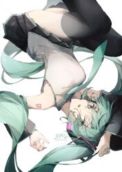 1girl 39 absurdres ankoro_mochi anniversary aqua_eyes aqua_hair aqua_nails aqua_necktie bare_shoulders black_skirt black_sleeves black_thighhighs collared_shirt commentary detached_sleeves feet_out_of_frame hatsune_miku headphones highres long_hair looking_at_viewer necktie open_mouth pleated_skirt shirt simple_background skirt sleeveless sleeveless_shirt solo thighhighs tie_clip twintails upside-down very_long_hair vocaloid white_background white_shirt