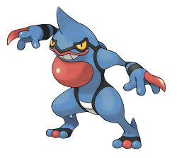 full_body gen_4_pokemon highres nintendo official_art pokemon pokemon_(creature) pokemon_dppt pokemon_focus simple_background smile solo standing sugimori_ken teeth third-party_source toxicroak white_background