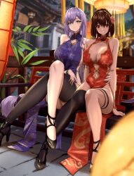2girls absurdres alexandra_viktorovna_dashkova_(tukikagerou) bare_shoulders black_thighhighs blue_dress blue_eyes blush bocchi_(kuropom7) breasts brown_hair china_dress chinese_clothes cleavage closed_mouth commentary_request commission crossed_legs dark-skinned_female dark_skin dress flower hair_flower hair_ornament highres large_breasts long_hair looking_at_viewer multiple_girls navel original pelvic_curtain purple_hair red_dress red_eyes red_flower red_rose rose sharifah_ozdil_(tukikagerou) short_hair sidelocks single_thighhigh sitting skeb_commission sleeveless sleeveless_dress smile teeth thighhighs thighs