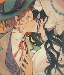 2girls brown_hair closed_eyes coat collared_shirt commentary danini dress gloves green_coat green_hat half-closed_eyes hand_on_another&#039;s_chest hashtag-only_commentary hat highres isolde_(reverse:1999) kakania_(reverse:1999) kiss monocle multiple_girls neck_ribbon orange_background orange_gloves red_ribbon reverse:1999 ribbon shirt simple_background upper_body white_dress white_hat white_shirt yuri